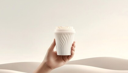 Hand holding coffee with desert backdrop.