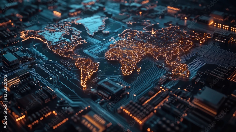Aufkleber aerial view of a glowing world map on a circuit board, highlighting technology and connectivity in a