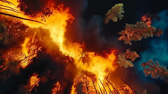 Forest fire engulfs trees under dark smoke and flames in a dramatic display of nature's fury at night