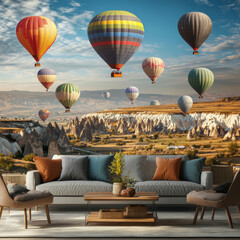 multicolored Hot-air balloons in Cappadocia all over horizon, panoramic view, traveling concept