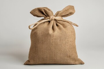 A brown burlap sack tied up with twine on a grey surface