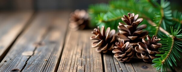 Rustic pine cones and fir branches on a wooden board with a warm winter scene, branches, rustic