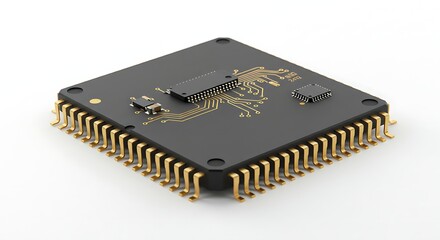 Rendering of Modern Microchip with Gold Pins on Clean White Background