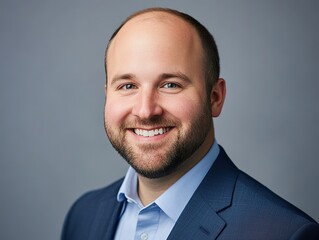Attractive male tech company CEO with short beard and bald head, wearing navy suit jacket over light - colored shirt, smiling against blue background. High - resolution headshot.