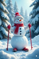Obraz premium Snowman amidst frozen trees with ski poles and ice skates, icy skates, snowy forest, snow-covered landscape