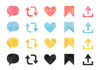 Watercolor SNS Style Icon Set – Speech Bubble, Retweet, Heart, Bookmark, Upload