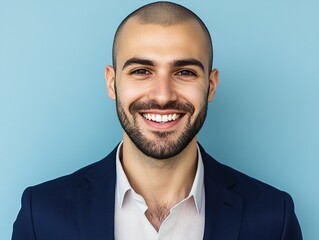 Attractive male tech company CEO with short beard and bald head, wearing navy suit jacket over light - colored shirt, smiling against blue background. High - resolution headshot.