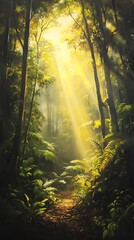 Obraz premium Sunlight path through misty forest