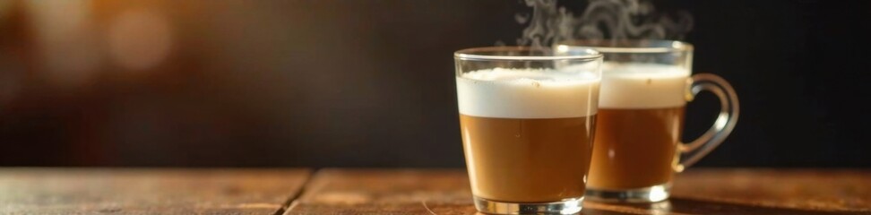 Two steaming glasses of latte with frothy milk tops, liquid, glass, beverage