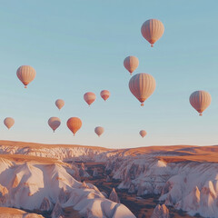 Obraz premium multicolored Hot-air balloons in Cappadocia all over horizon, panoramic view, traveling concept