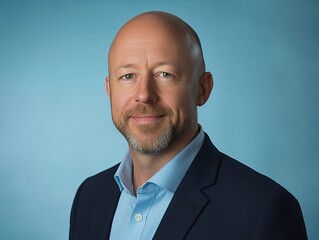 Attractive male tech company CEO with short beard and bald head, wearing navy suit jacket over light - colored shirt, smiling against blue background. High - resolution headshot.