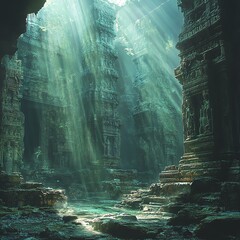 Ancient temple illuminated by soft sunlight.