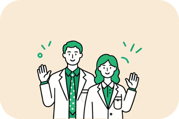 Fototapeta premium Cheerful Medical Professionals: A cheerful male and female medical professional, both adorned in crisp white coats, extending a welcoming hand gesture.