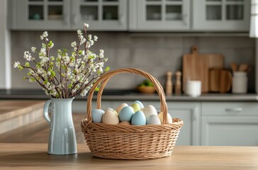 Obraz premium Beautiful Easter eggs in a woven basket next to a vase with blooming branches on a kitchen table with a modern design and soft natural light