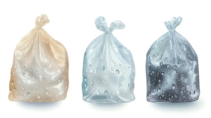 Close-up studio shot of three plastic bags against a pure white background.  Each bag is tied at the top with a knot. The bags are filled with an unseen substance; one appears beige and