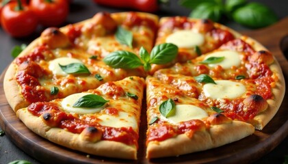 Big slices of paprika-spiced pizza with melted mozzarella cheese and savory toppings , pepperoni, paprika, cheese