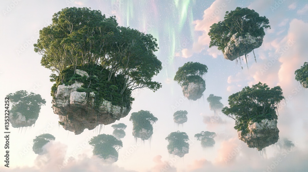 Poster a bunch of trees are floating in the sky
