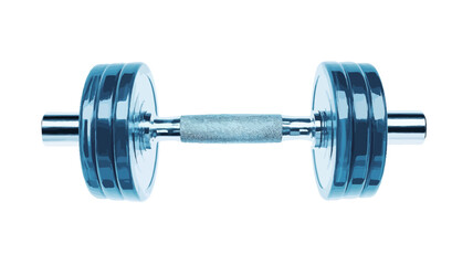 Obraz premium A studio shot of a chrome dumbbell against a white background. The dumbbell features a textured grip and multiple weight plates on each end. The image is well-lit, highlighting the metallic sheen