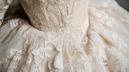 Obraz premium Elegant Vintage Lace Embroidery on Antique Wedding Dress - Close-up of Historical Romantic Details