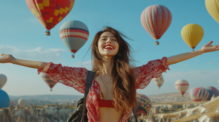 colorful Hot-air balloons in Cappadocia all over horizon, young tourist woman with backpack on her back, standing and looking at baloons in sky, stretching hands to sky, smiling widely