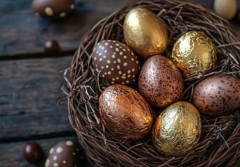 Fototapeta premium Beautifully arranged decorative eggs in a rustic nest with wooden background ideal for Easter celebrations and festive themed projects.