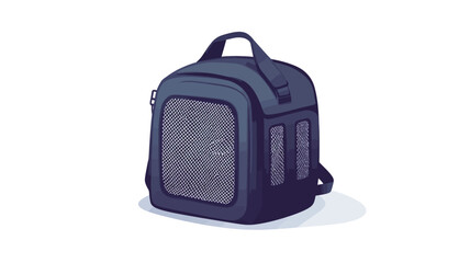 A studio shot against a white background shows a dark blue, square-shaped insulated backpack. The backpack has a single top handle, adjustable shoulder straps, and a clear, mesh-like window on the
