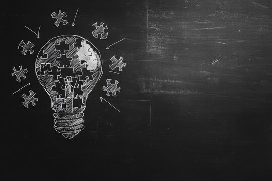 Puzzle pieces forming a lightbulb on a blackboard. - Powered by Adobe