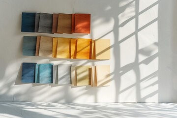 white background with floating swatch cards in muted tones, soft shadows and airy