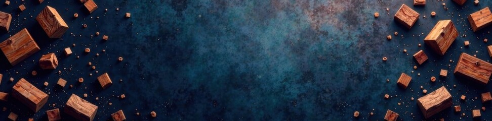 Naklejka premium Dark grunge background with light gradient halftone dots and scattered wooden fragments, grunge, darkness, wood