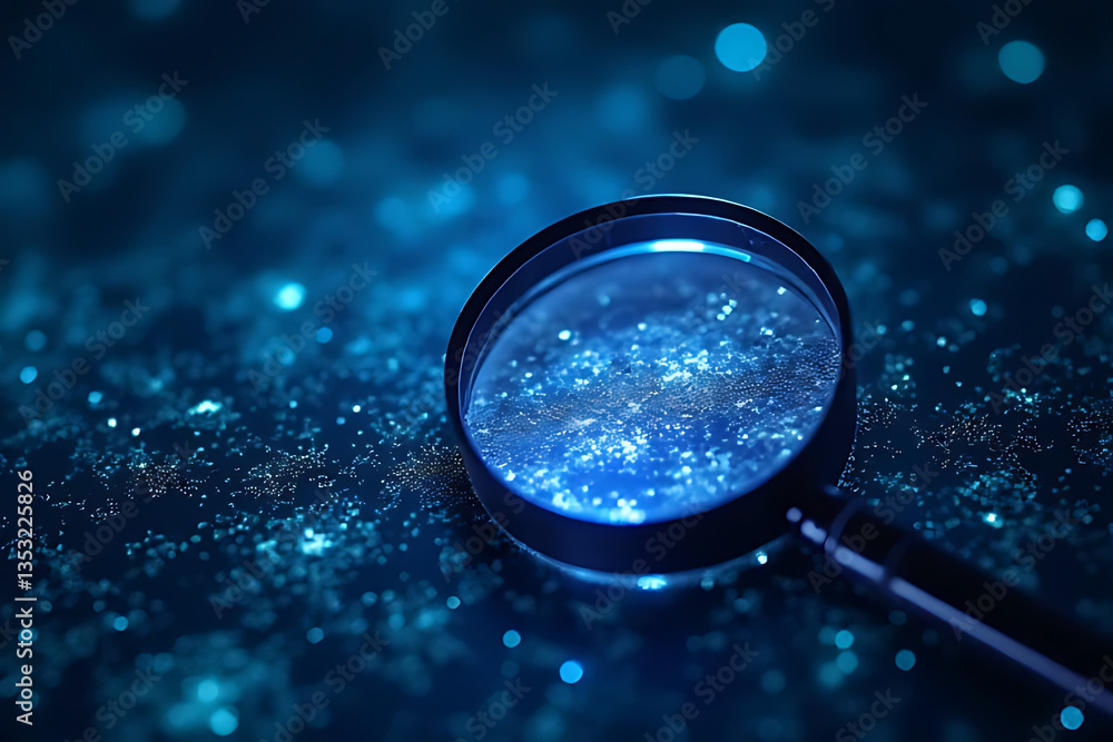 Aufkleber exploring cosmic particles with a magnifying glass in a dark blue environment abstract view