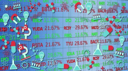 Scientific symbols and lab equipment animation over stock market data display - Powered by Adobe
