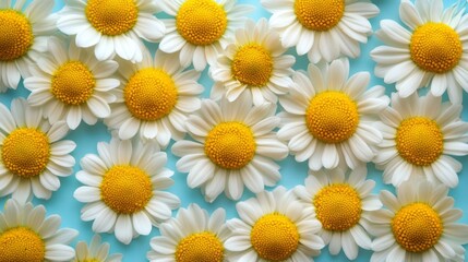 Fototapeta premium Close up of beautiful daisies spread across a light blue surface