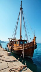 Distressed wooden sailing boat docked at old pier with rope and anchors, sailing boats, vintage nautical elements