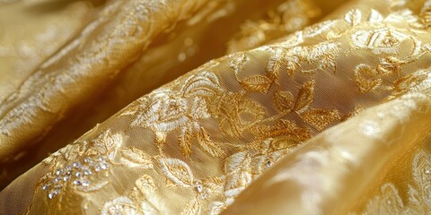 A luxurious golden brocade gown with fine embroidery and delicate textures