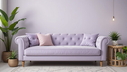 "I have a velvet sofa in soft lavender, paired with a rattan side table and a collection of potted plants. The pastel tones create a calming and luxurious vibe."
