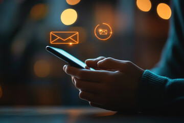 Businessman's hand using a smartphone and a mail message bubble icon on the screen, new messages with a copy space banner template for a contact us form, e-commerce concept, dark background color.