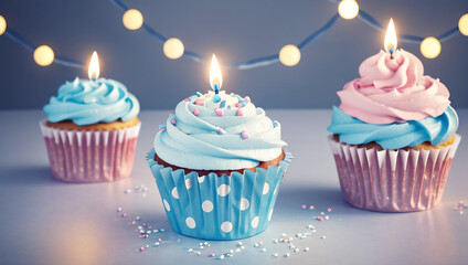 "Add a sweet touch to your celebration designs with these charming cupcakes topped with colorful frosting, perfect for birthdays, baby showers, or party invitations.