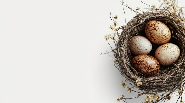 Nest with Golden Brown Eggs on White Background