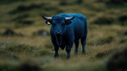 Majestic dark blue bull in a grassy field