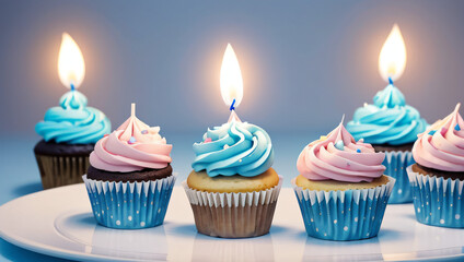 "Add a sweet touch to your celebration designs with these charming cupcakes topped with colorful frosting, perfect for birthdays, baby showers, or party invitations.