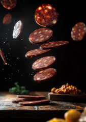 a photorealistic image of sliced sausage flying through the air,