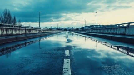 Fototapeta premium Empty wet road reflecting sky and cityscape at dusk.