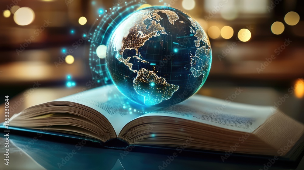 Poster a glowing globe hovering above an open book, symbolizing knowledge and exploration, with a blurred l