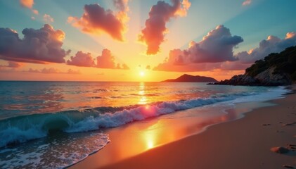 Warm sunset on the beach with a calm sea and island in the background, palm trees, calm sea