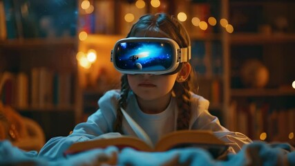 education, a smart schoolgirl delves into the wonders of astronomy, donning VR glasses that transport her into a captivating simulation of the cosmos - Powered by Adobe
