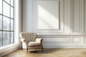 Elegant chair sits in front of framed art and window