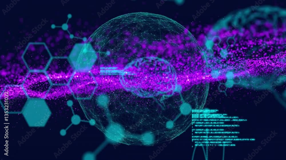 Poster digital animation showing globe with purple data streams and molecular structures