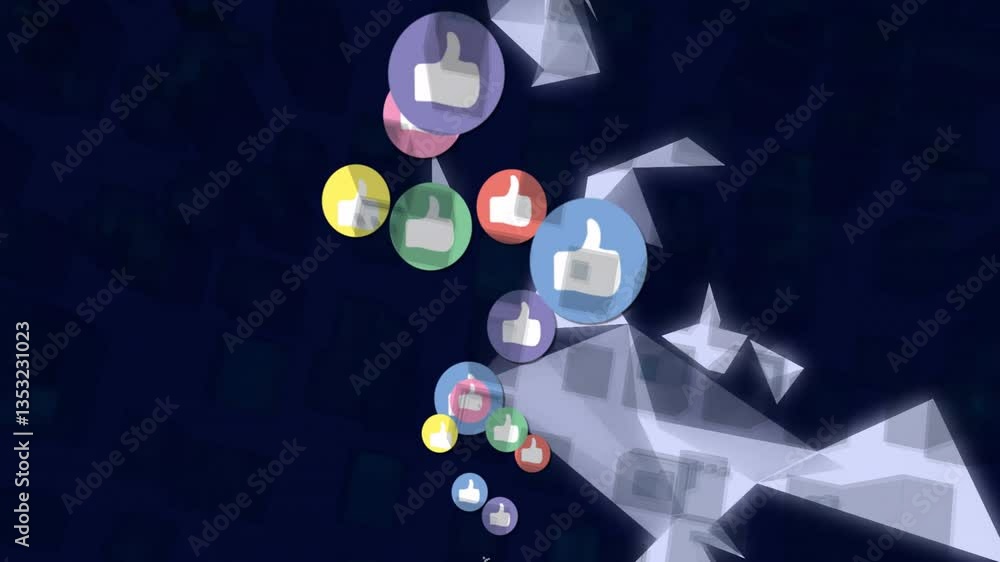 Poster animation of thumbs-up icons floating in colorful circles over geometric shapes