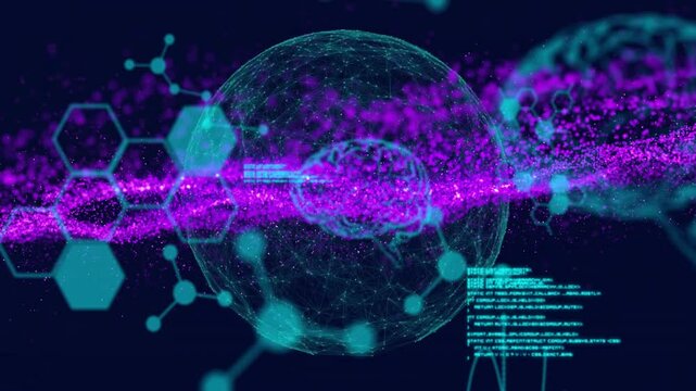 Digital animation showing globe with purple data streams and molecular structures