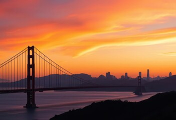 Fototapeta premium Golden Gate Bridge silhouette at sunset, city skyline reflected in bay , breathtaking, california